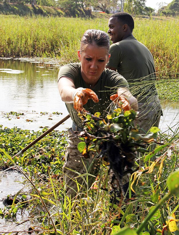 Lance Cpl. Brittany Viruet, a Marine Fighter Attack Squadron 314 fixed-wing aircraft airframe mechanic tosses a weed onto a pile as Petty Officer 3rd class Omar Dalton, a Marine Aerial Refueler Transport Squadron 152 corpsman, rakes weeds out of the water. More than 20 Iwakuni and Okinawa-based service members participated in a landscape-beautification project at the Marabou Drive Park here July 15 in support of exercise Talisman Sabre 2011.