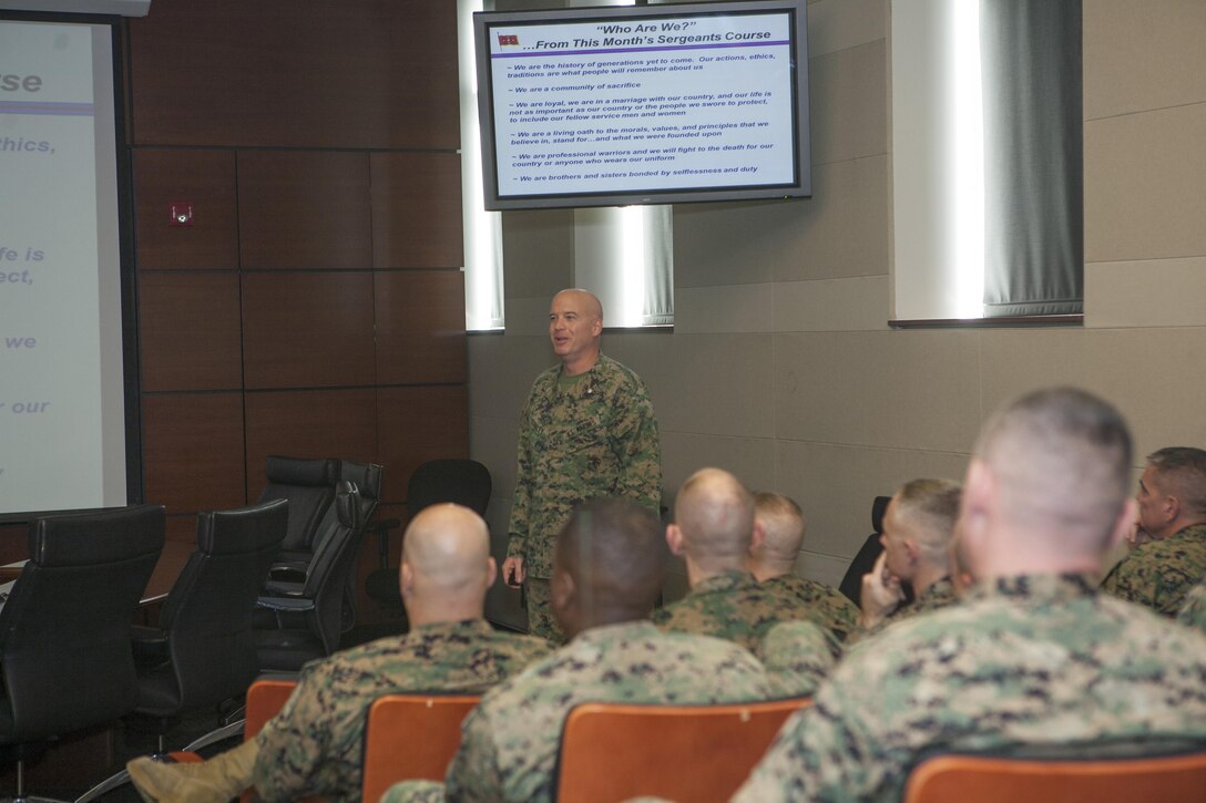 NORFOLK, Va. (Nov. 6, 2013) – Lt. Col. Andrew Straley, executive officer, Headquarters and Service Battalion, U.S. Marine Corps Forces Command, leads a discussion with the MARFORCOM officer corps on the commandant’s challenge to morally “reawaken the soul of our Corps.” In October, the Commandant and Sergeant Major of the Marine Corps issued a letter to the corporals and sergeants, challenging them to take the leading role the process. As part of the challenge, Marines Lance Cpl. And above, are required to read “Leading Marines” and “Sustaining the Transformation, by Nov. 10.