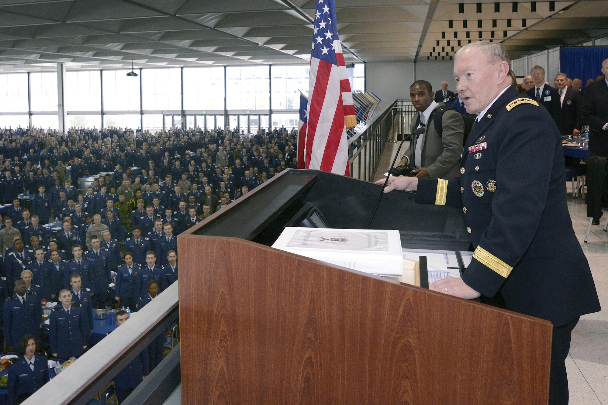 It's not every day Airmen get the chance to ask the highest ranking officer in the U.S. Armed Forces just about anything -- including what concerns keep him up at night - but first- and second-class cadets were able to do just that when the Chairman of the Joint Chiefs of Staff, Gen. Martin E. Dempsey, spoke to them in Arnold Hall Nov. 1, 2013. 
