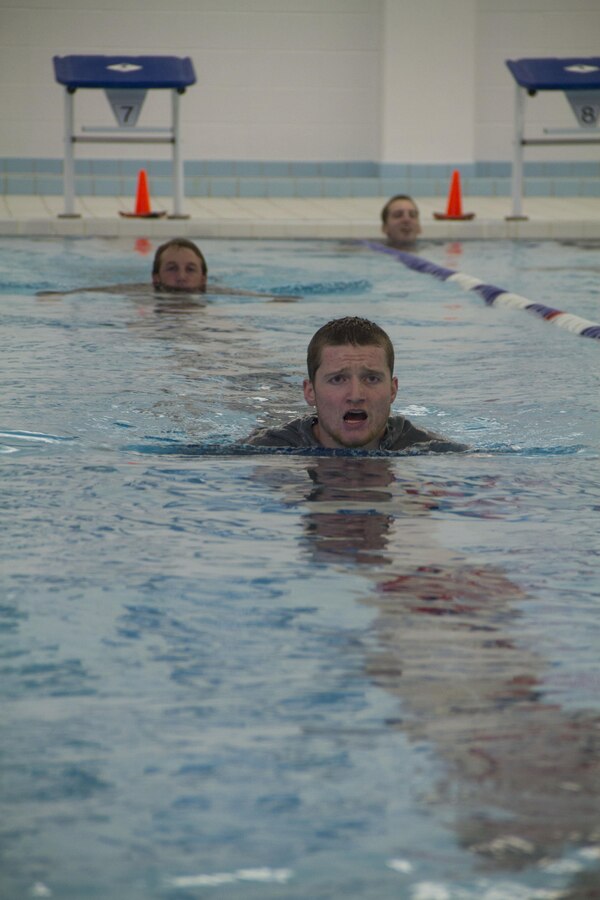 Future Marines of Recruiting Substation Fond du Lac spent some time in the pool at the Aquatic Center, Nov. 2, to help build their confidence and comfort in the water before taking the plunge at the Depot. The poolees went through a series of water familiarization drills before competing against each other in a water relay race.