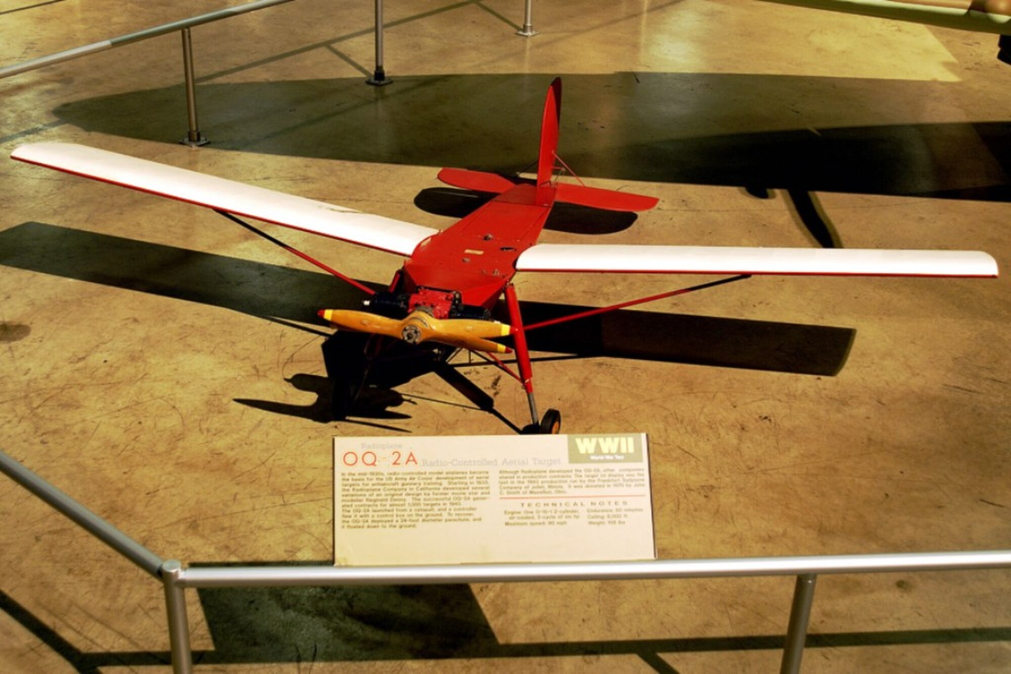 The QQ-2A Radioplane is on display in the World War II Gallery at the National Museum of the U.S. Air Force in Dayton, Ohio. In the mid-1930s, radio-controlled model airplanes became the basis for the U.S. Army Air Corps' development of the aerial targets for antiaircraft gunnery training.