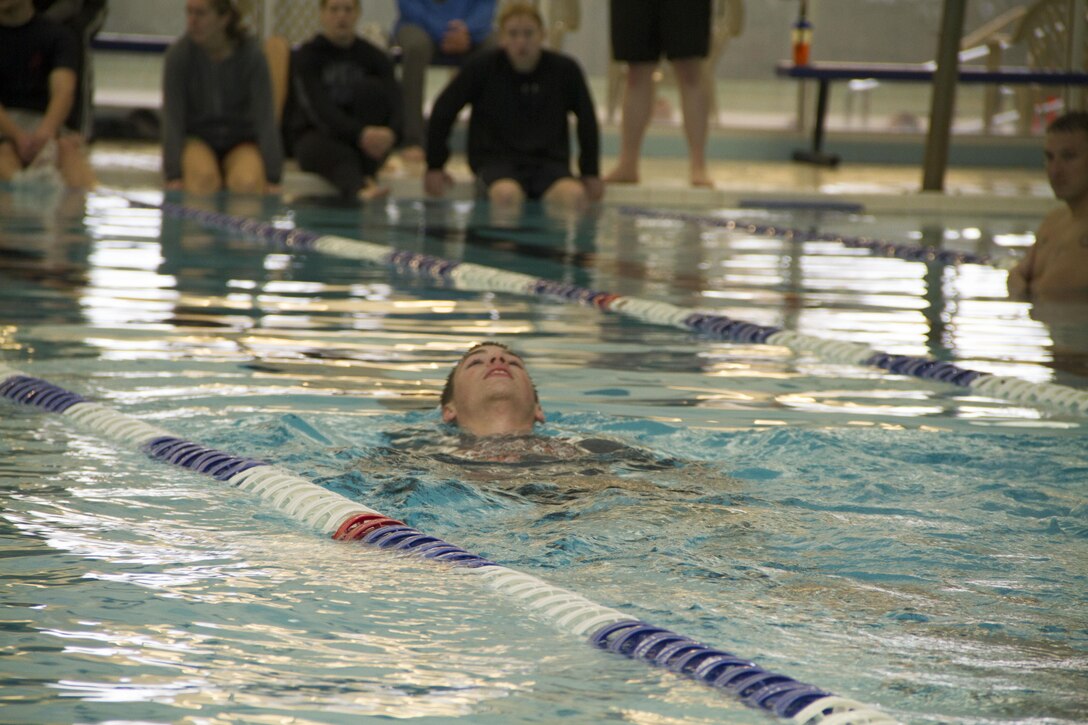 Future Marines of Recruiting Substation Fond du Lac spent some time in the pool at the Aquatic Center, Nov. 2, to help build their confidence and comfort in the water before taking the plunge at the Depot. The poolees went through a series of water familiarization drills before competing against each other in a water relay race.