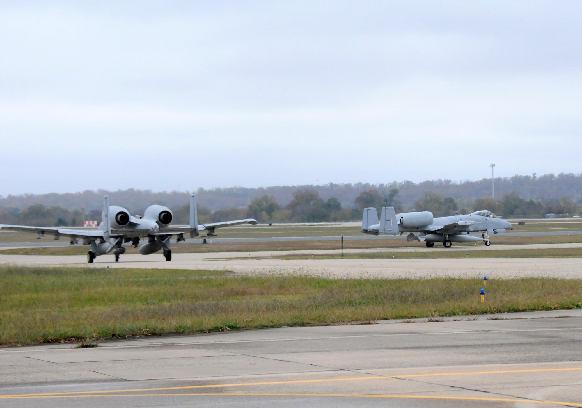 Another pair of A-10C Thunderbolt IIs roared off into the wild blue yonder Nov. 6 bound for Moody Air Force Base, Ga. Tail Nos. 0616 and 0642 departed the 188th Fighter Wing's Ebbing Air National Guard Base as part of the wing’s on-going conversion from a fighter mission to remotely piloted aircraft and Intelligence mission, which will include a space-focused targeting squadron. (U.S. Air National Guard photo by Tech Sgt. Josh Lewis/188th Fighter Wing Public Affairs)
