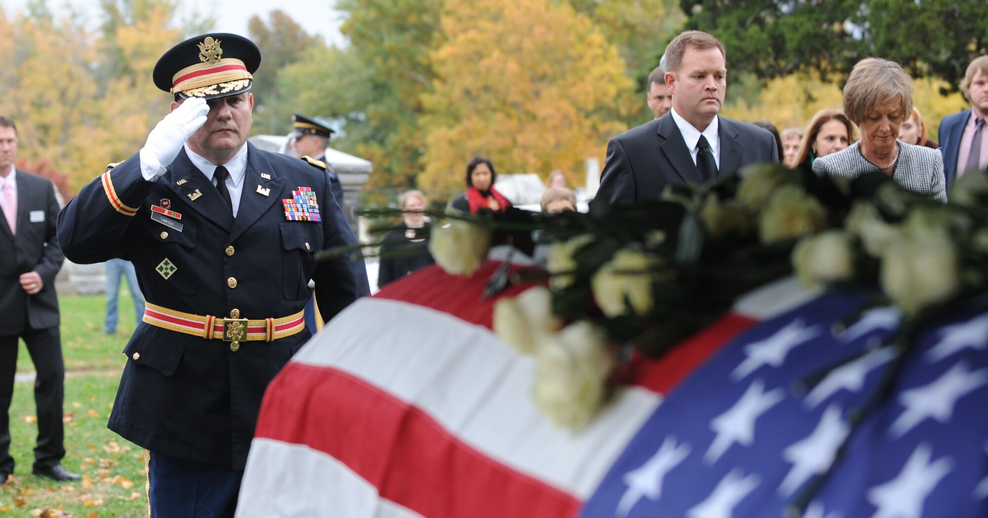 Retired Maj. Willie Smith, Missouri Army National Guard, Missouri Military Funeral Honors Director, salutes Ike Skelton’s casket during his funeral at Lexington, Mo., Nov. 4, 2013. Ike Skelton was the U.S. Representative Missouri’s 4th congressional district from 1977 to 2011. (U.S. Air Force photo by Staff Sgt. Alexandra M. Boutte/Released)