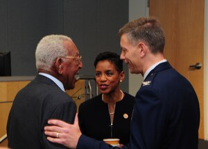 Daniel Brewington, left, a World War II veteran speaks with Congresswoman Donna F. Edwards, center, and Col. Daniel Waters at the Veterans History Project Reception at Joint Base Andrews, Md., Nov. 8, 2013. The United States Congress created the Veterans History Project in 2000 to collect, preserve and make accessible the personal accounts of American, war veterans. Waters is the vice commander of 11th Wing/Joint Base Andrews and Edwards represents Maryland’s 4th Congressional District. (U.S. Air Force photo/Airman 1st Class Aaron Stout)