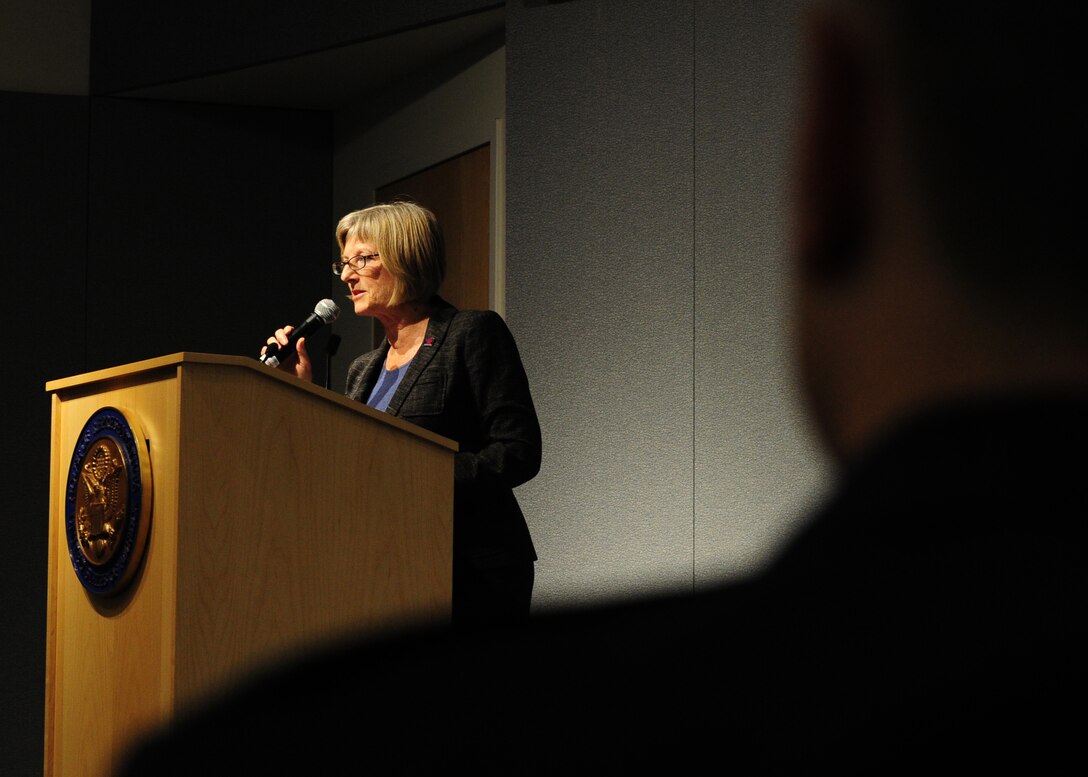 Dr. Elizabeth Peterson gives remarks during the Veterans History Project Reception at Joint Base Andrews, Md., Nov. 8, 2013. Since its inception the Veterans History Project has become the largest oral history archive in the nation, with nearly 89,000 collections. Peterson is the director, American Folklife Center, Library of Congress. (U.S. Air Force photo/Airman 1st Class Aaron Stout)