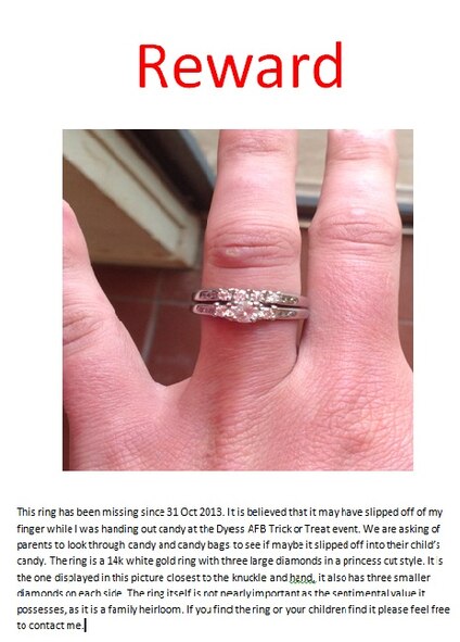 Air Force Staff Sgt. Kathaleen Greenwood, 39th Airlift Squadron, posted messages on social media in hopes of finding her engagement ring, which had been a family heirloom. Veronica Herrera had heard a base resident had lost her ring during trick-or-treating, and knew instantly that it was Greenwood’s when her daughter told her she had found a diamond ring in her trick-or-treat candy. (Courtesy photo)