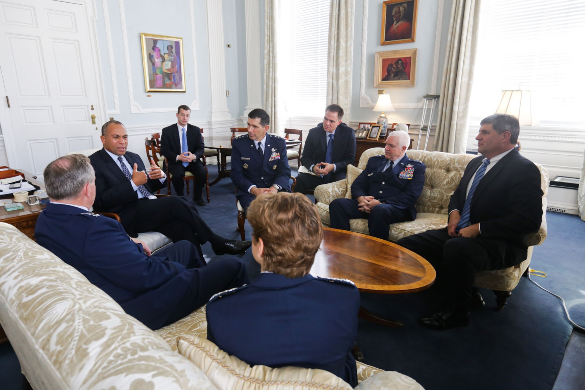 BOSTON -- Gov. Deval Patrick greets the U.S. Air Force Chief of Staff Gen. Mark A. Welsh III and Massachusetts delegation members during the Hanscom Collaboration Forum in the Governor's office. (Photo: Grace Donnelly/Governor's Press Office)
