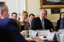 BOSTON -- U.S. Senators Elizabeth Warren and Ed Markey look on as U.S. Air Force Chief of Staff Gen. Mark A. Welsh III addresses Gov. Deval Patrick and other members of the Mass. delegation during the Hanscom Collaboration Forum in the Governor's office. (Photo: Grace Donnelly/Governor's Press Office)