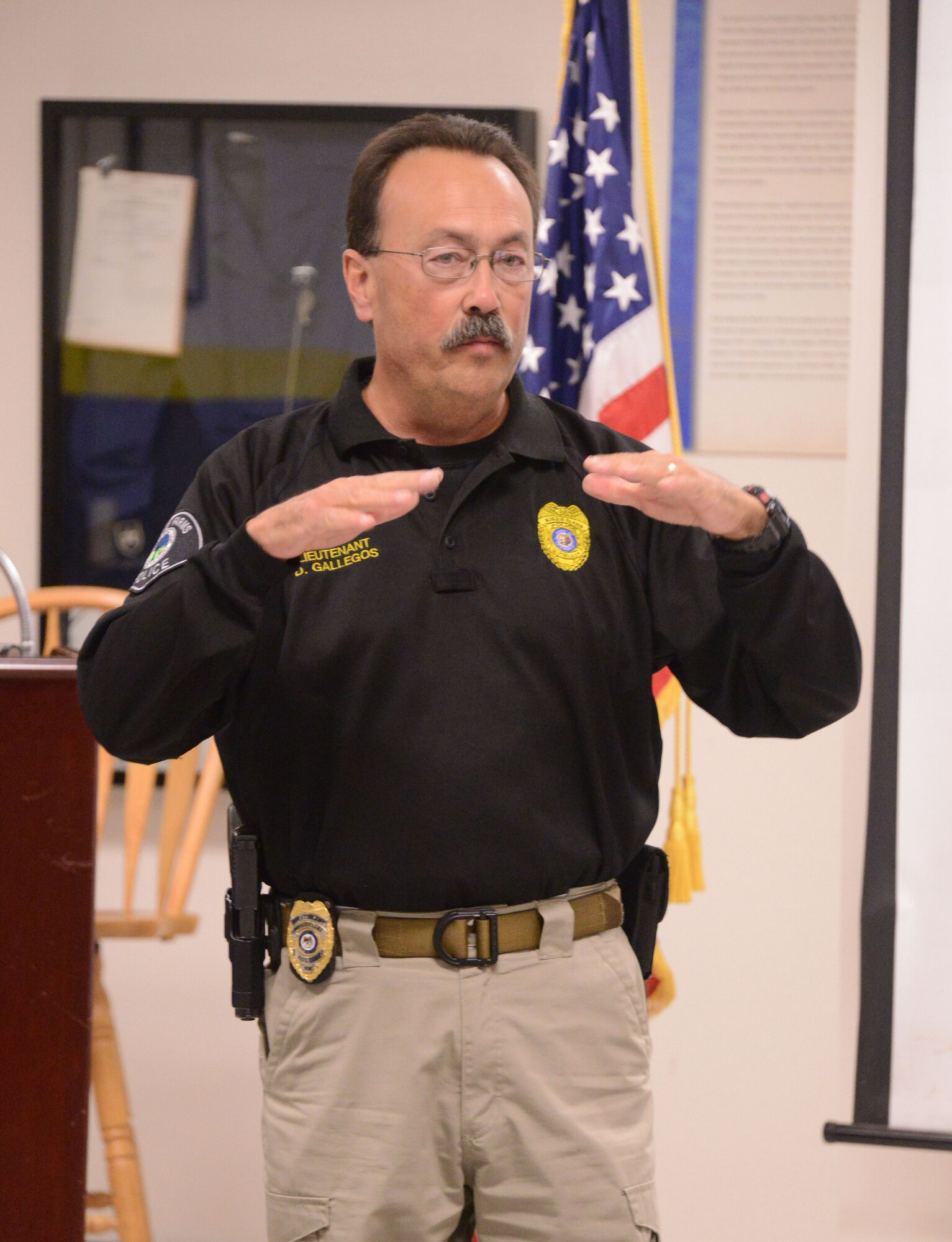 Lt. David Gallegos, a police officer from the Bosque Farms Police Department who graduated from the Federal Bureau of Investigation’s crisis negotiation course, spent a week at Kirtland training the police force verbal skills and techniques to use in dealing with high risk incidents peacefully. (Photo by Todd Berenger)