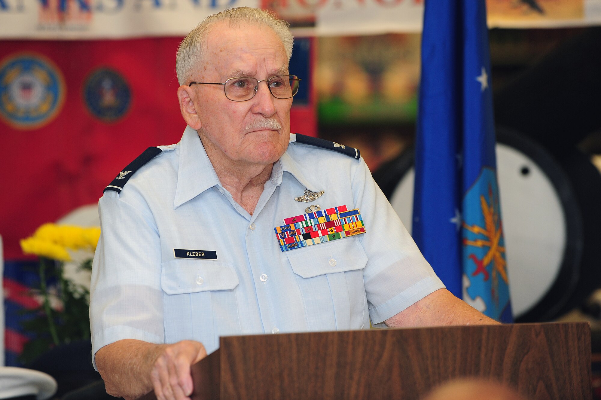 Ret. Col. Ray Kleber was the guest speaker featured for a Vietnam War Commemoration ceremony at Seymour Johnson Air Force Base, N.C., Nov. 7, 2013. Kleber reflected on the Vietnam War era and the individuals who made the ultimate sacrifice while serving. (U.S. Air Force photo by Airman 1st Class John Nieves Camacho)