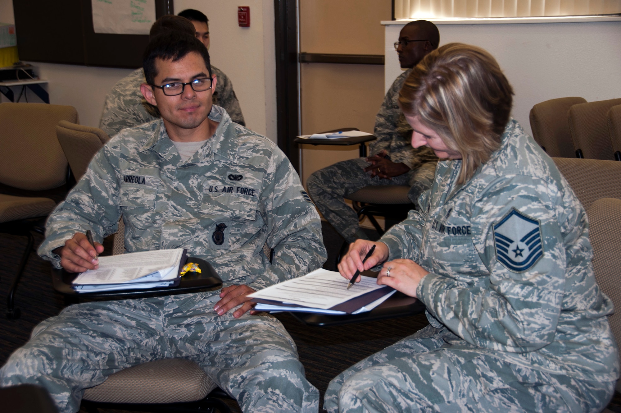 TRAVIS AIR FORCE BASE, Calif. -- Members of the 349th Air Mobility Wing gathered to attend the Bringing on Leadership Development class here at Travis on Nov. 1, 2013. The event, which was the first of its kind, was developed by Master Sgt. Andrea Johnson, medical administrator, 349th Aeromedical Evacuation Squadron, and was led by the First Sergeants and Chiefs groups. For more information or direction on how to sign up for the next session, which is scheduled to be held on Nov. 15, 2013, contact Master Sgt. Andrea Johnson by email at Andrea.Johnson.15@us.af.mil or by phone at 707-424-4126. (U.S. Air Force photo / Senior Airman Amelia Leonard) 