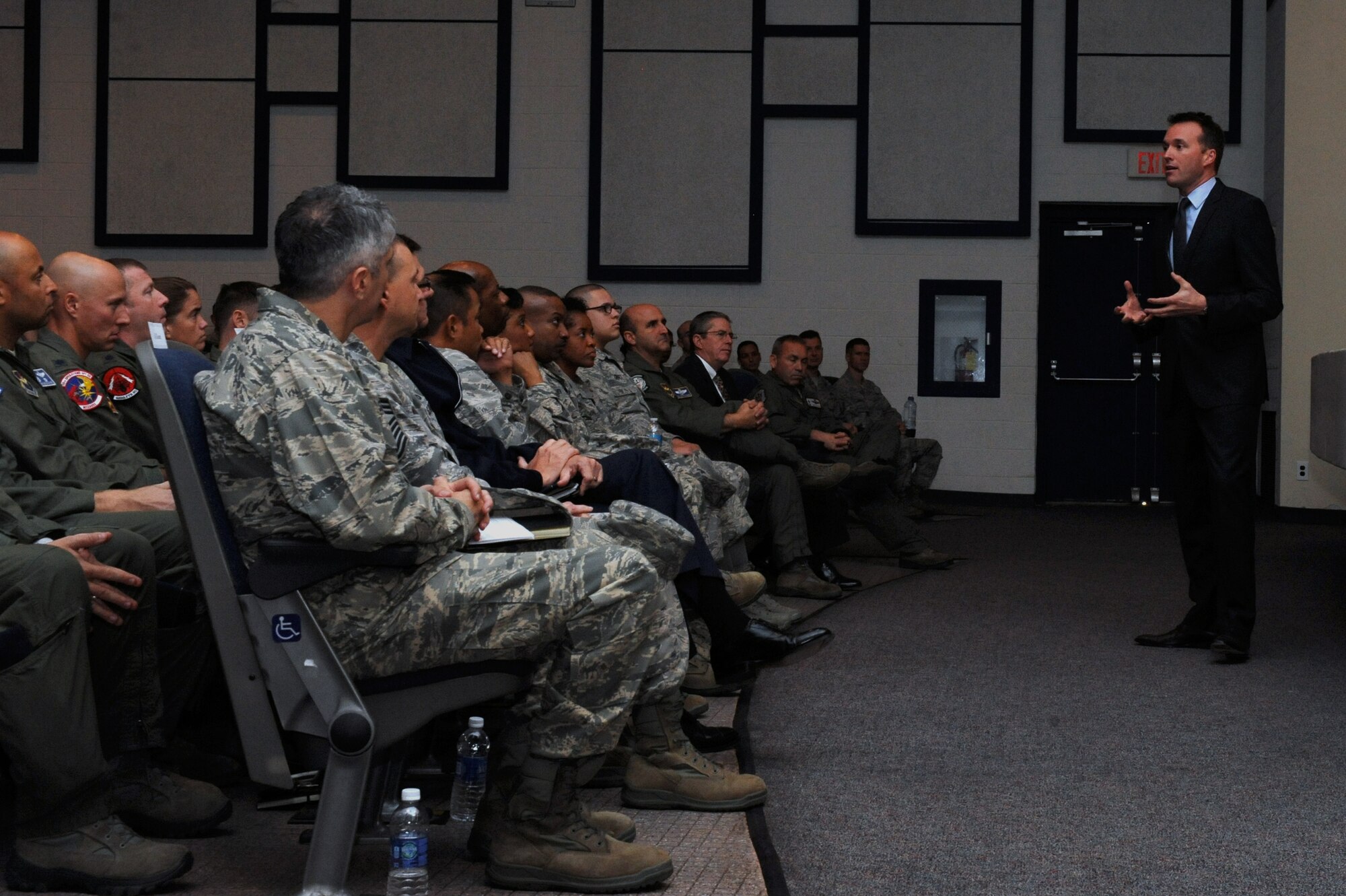 Acting Secretary of the Air Force Eric Fanning speaks to Luke Airmen at an all-call Tuesday at Luke Air Force Base. Fanning discussed issues facing the Air Force, including sequestration and the importance of preventing sexual assault. (U.S. Air Force photo/Airman 1st Class Pedro Mota)