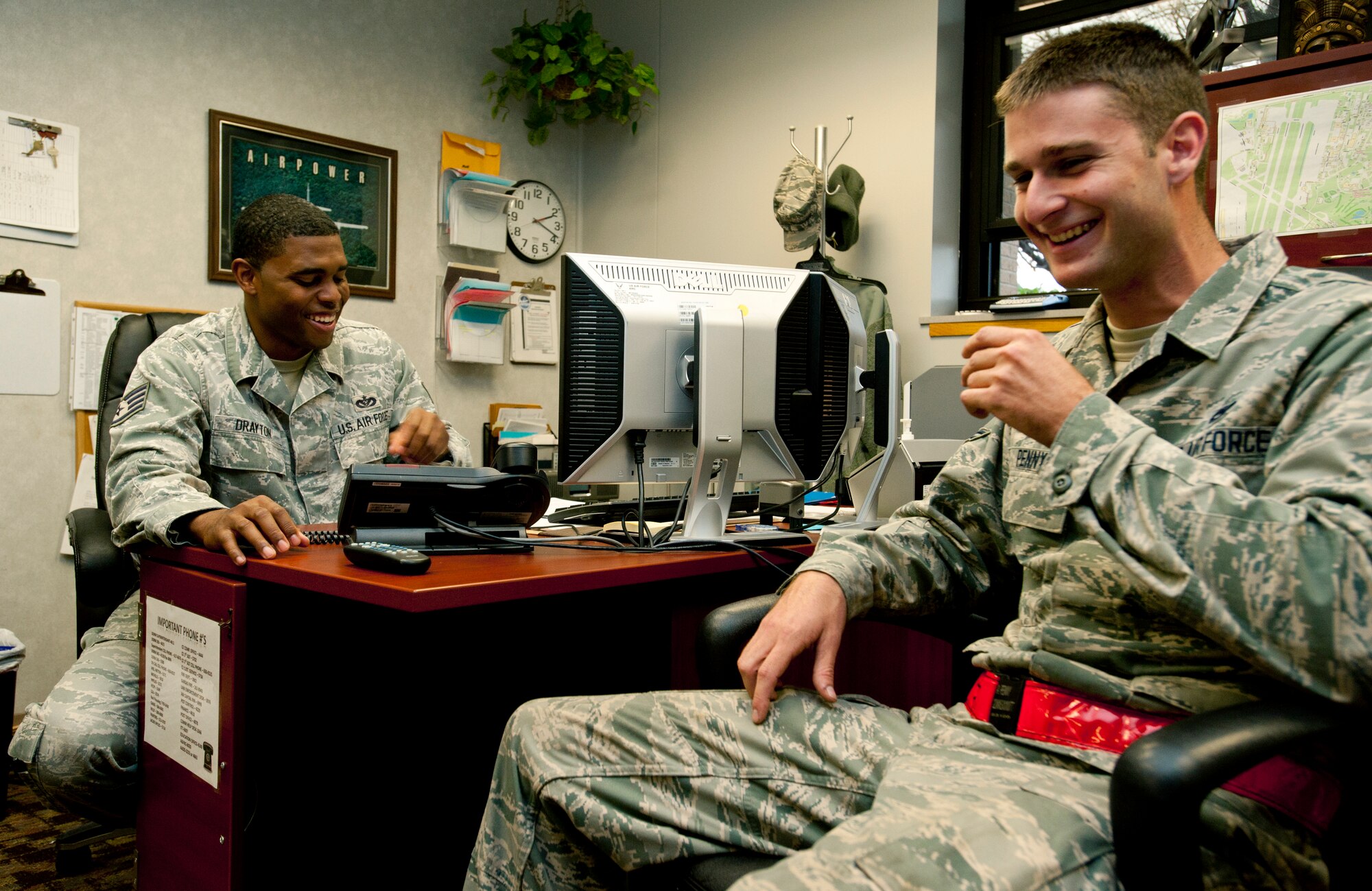 Staff Sgt. Marcus Drayton, 22nd Civil Engineer Squadron Airman dorm leader, speaks with Airman 1st Class Austin Penny, 22nd Maintenance Squadron crew chief, Nov. 5, 2013, at McConnell Air Force Base, Kan. Drayton and the other ADLs help Airmen with different issues on a daily basis, whether it’s an issue at work, the dorm or a personal problem. (U.S. Air Force photo/Airman 1st Class Victor J. Caputo)