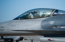An 35th Fighter Squadron pilot represents his squadron prior to taking off for the final sortie of Max Thunder, at Kunsan Air Base, Republic of Korea, Nov. 7, 2013. Airmen from the U.S. Air Force, Marine Corps and the Republic of Korea air force continued their participation in scenarios and planning cycles in a robust exercise setting that simulated combined operations against a hostile force, Nov. 7, 2013. This combined large-force employment exercise includes 8th Fighter Wing F-16 Fighting Falcons, 51st Fighter Wing A-10 Thunderbolts II and F-16s, Marine Air Group 12 F-18 Hornets, AV-8B Harriers II, 35th Air Defense Artillery Brigade, 18th Wing E-3B Sentries, numerous ROKAF aircraft and accompanying support personnel during.  (U.S. Air Force photo by Senior Airman Armando A. Schwier-Morales/Released)