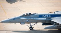An F-18 Hornet from the Marine Fighter Attack Squadron 112, taxis after completing a Max Thunder flight at Kunsan Air Base, Republic of Korea, Nov. 5, 2013. Airmen from the U.S. Air Force, Marine Corps and the Republic of Korea air force continued their participation in scenarios and planning cycles in a robust exercise setting that simulated combined operations against a hostile force, Nov. 5, 2013. This combined large-force employment exercise includes 8th Fighter Wing F-16 Fighting Falcons, 51st Fighter Wing A-10 Thunderbolts II and F-16s, Marine Air Group 12 F-18 Hornets, AV-8B Harriers II, 35th Air Defense Artillery Brigade, 18th Wing E-3B Sentries, numerous ROKAF aircraft and accompanying support personnel. (U.S. Air Force photo by Senior Airman Armando A. Schwier-Morales/Released)