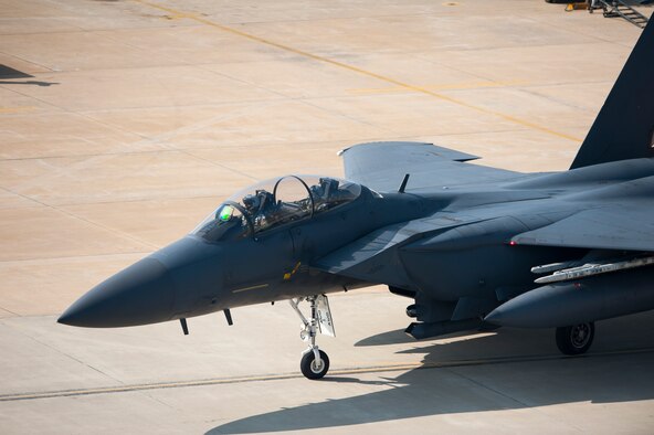 A Republic of Korea air force F-15 Slam Eagle taxis to the runway for a Max Thunder sortie at Kunsan Air Base, Republic of Korea, Nov. 5, 2013. Airmen from the U.S. Air Force, Marine Corps and the Republic of Korea air force continued their participation in scenarios and planning cycles in a robust exercise setting that simulated combined operations against a hostile force, Nov. 5, 2013. This combined large-force employment exercise includes 8th Fighter Wing F-16 Fighting Falcons, 51st Fighter Wing A-10 Thunderbolts II and F-16s, Marine Air Group 12 F-18 Hornets, AV-8B Harriers II, 35th Air Defense Artillery Brigade, 18th Wing E-3B Sentries, numerous ROKAF aircraft and accompanying support personnel. (U.S. Air Force photo by Senior Airman Armando A. Schwier-Morales/Released)