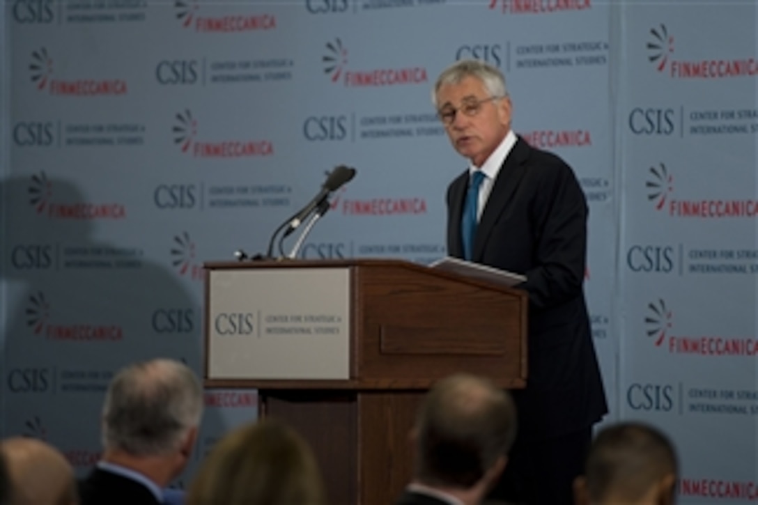 Secretary of Defense Chuck Hagel speaks at the Center for Strategic and International Studies Global Security Forum in Washington, D.C., on Nov. 5, 2013.  Hagel outlined his perspective on emerging national security challenges and the role the Department of Defense should play in supporting America’s foreign policy goals as the United States comes off a perpetual war footing.  