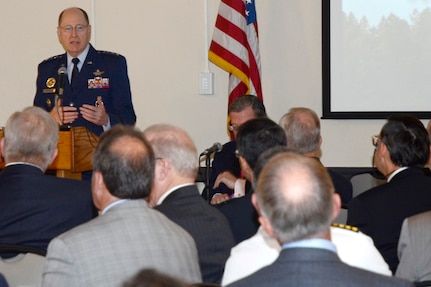 KINGS BAY, Ga, (November 8, 2013) - General C. Robert Kehler, Commander, U.S. Strategic Command shares his view on sustaining the nuclear triad, which includes the Minuteman III missile, Ohio Class Submarine, and the Long Range Bomber, with audience members at last week's Sustaining the Triad: The Enduring Requirements of Deterrence conference.  The conference provided an unclassified forum for policy makers and experts to discuss issues about the current and future size and posture of the U.S. strategic force. The triad is a key component of the nation's defense and, as the combatant commander responsible for all three legs of the nuclear triad, Kehler brought a strategic perspective and unparalleled experience to the conference.\r\n (U.S. Navy photo Mass Communication Specialist 2nd Class Cory Rose/Released)