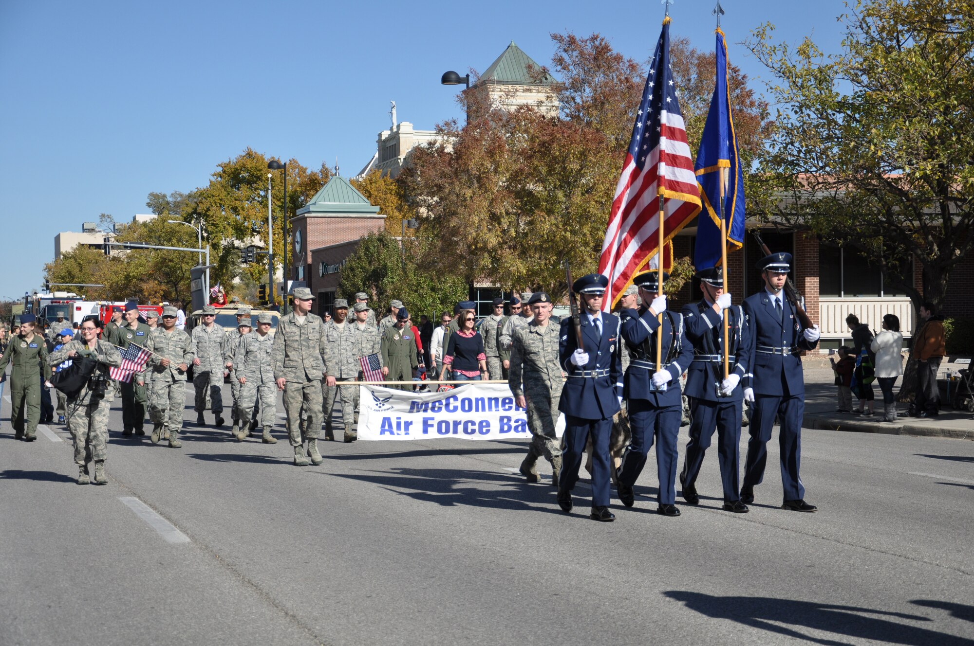 Airmen from the 931st Air Refueling Group and the 22nd Air Refueling Wing participated in the 2013 Wichita Veterans Day Parade in Downtown Wichita, Nov. 9. Volunteers from the active duty 22nd ARW and the Reserve 931st ARG completed the 1.2 mile trek to honor veterans. (Air Force photo by Master Sgt. Brannen Parrish)

