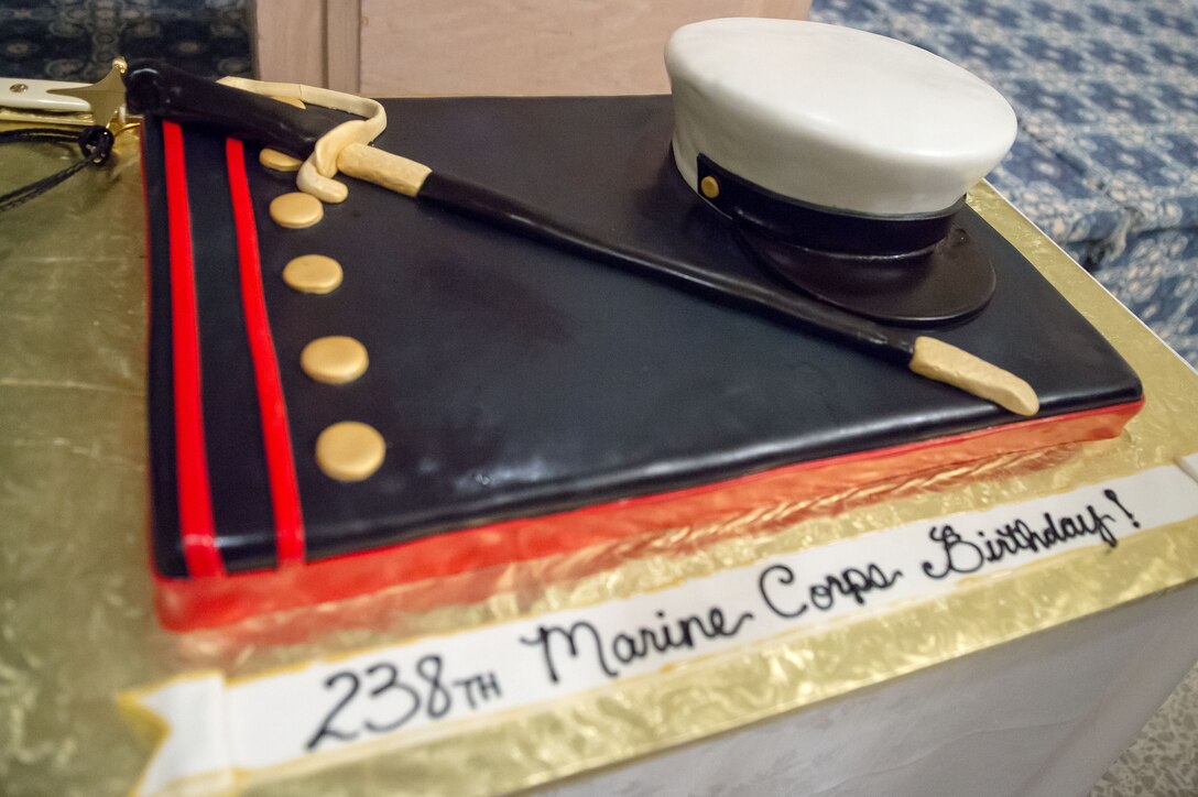 The cake for the Marine Detachment Dam Neck's celebration for the Marine Corps' 238th birthday takes the spotlight in Virginia Beach, Va., Nov. 8, 2013.