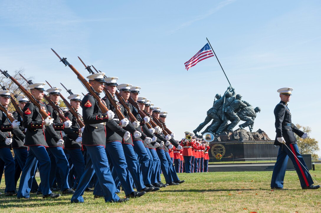 Marines perform during the wreath-laying ceremony to honor the Marine Corps' 238-year legacy at the Iwo Jima War Memorial in Arlington, Va., Nov. 9, 2013.