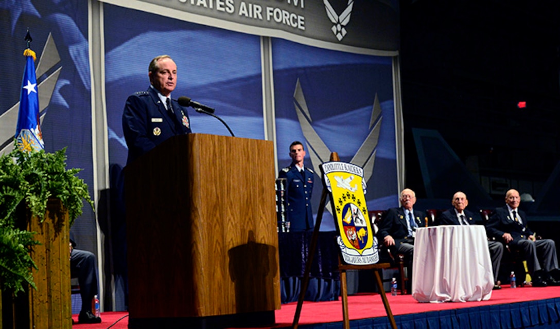 Chief of Staff of the Air Force Gen. Mark A. Welsh III took the podium before The Doolittle Tokyo Raiders shared their last and final toast at the National Museum of the U.S. Air Force Nov. 09, 2013 in Dayton, Ohio.