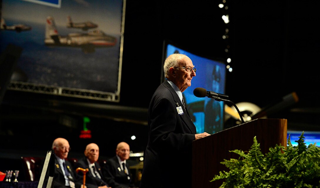 Retired Col. Carroll "C.V" Glines took the podium before The Doolittle Tokyo Raiders shared their last and final toast at the National Museum of the U.S. Air Force Nov. 09, 2013 in Dayton, Ohio. Glines is the historian for the Doolittle Raiders and a distinguished author.