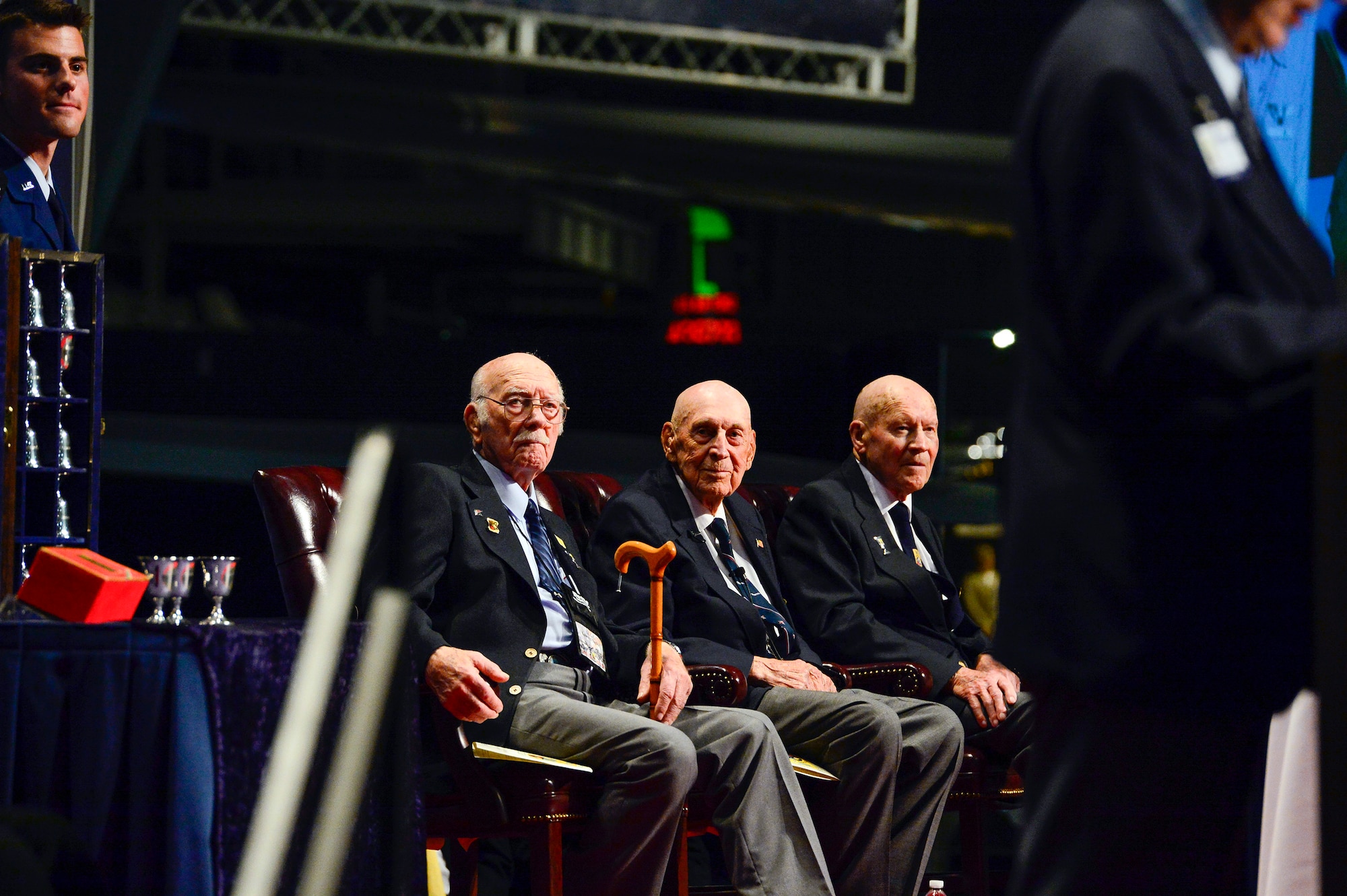 Retired Col. Carroll "C.V" Glines took the podium before The Doolittle Tokyo Raiders shared their last and final toast at the National Museum of the U.S. Air Force Nov. 09, 2013 in Dayton, Ohio. Glines is the historian for the Doolittle Raiders and a distinguished author.