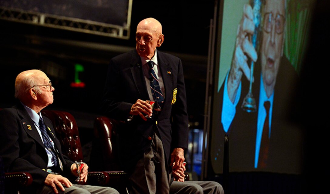 Retired Lt. Col. Richard “Dick” E. Cole give the last and final toast at the National Museum of the U.S. Air Force Nov. 09, 2013 in Dayton, Ohio. Cole was the copilot of Aircraft No. 1.