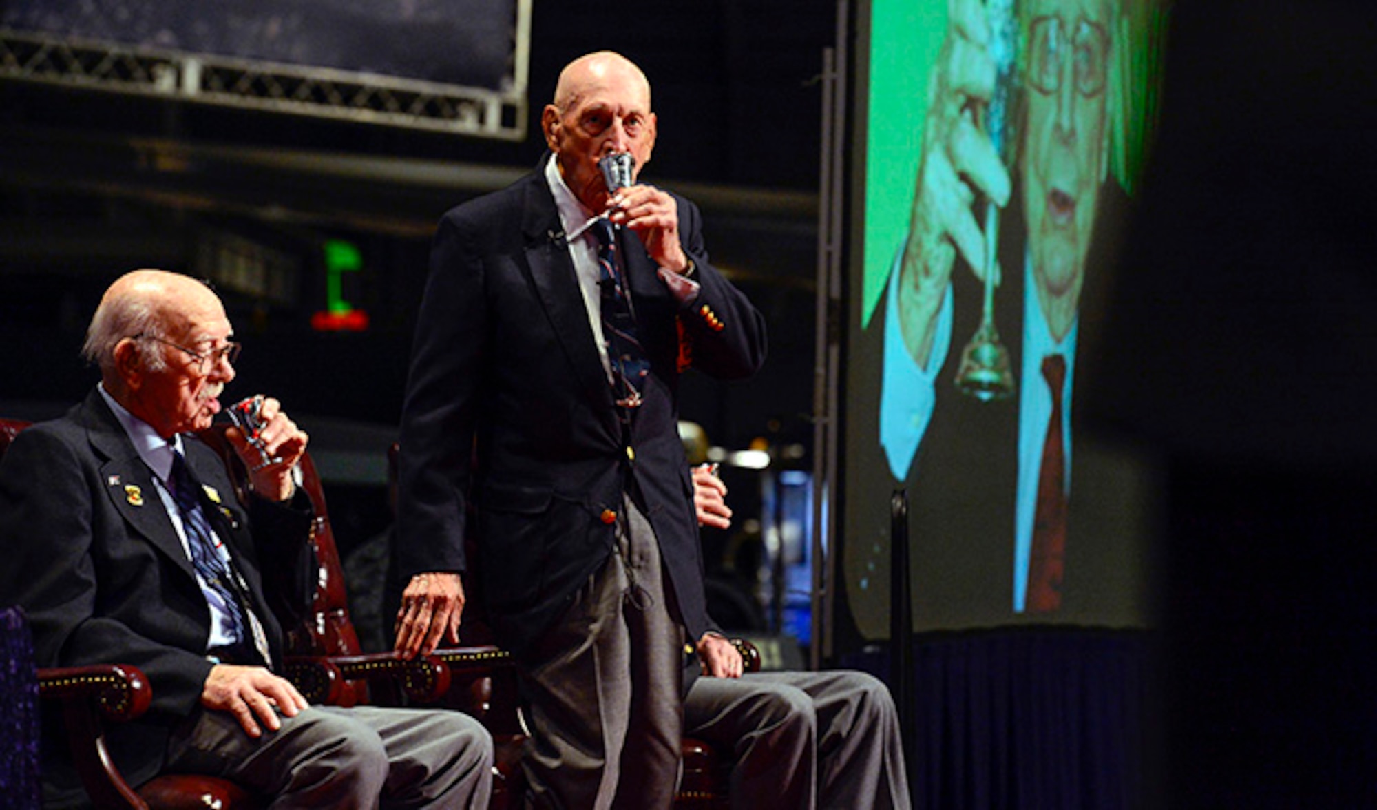 Retired Lt. Col. Richard “Dick” E. Cole sips from his goblet after giving the last and final toast at the National Museum of the U.S. Air Force Nov. 09, 2013 in Dayton, Ohio. Cole was the copilot of Aircraft No. 1.