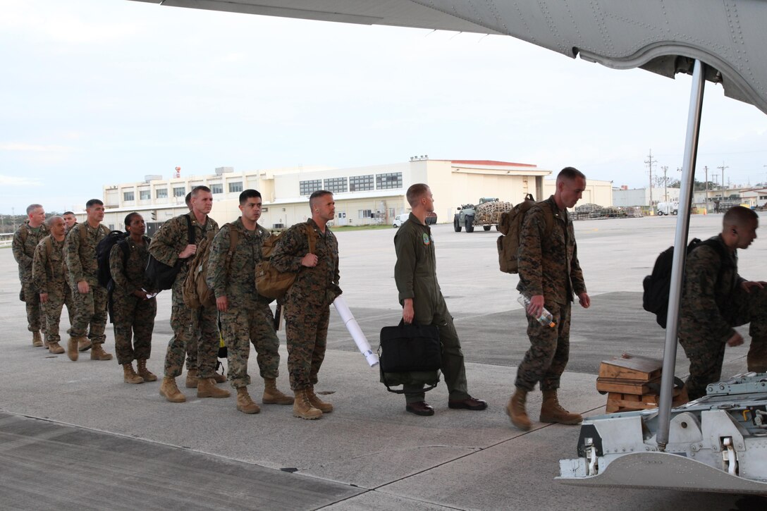 Marines board a KC-130J Hercules aircraft Nov. 10 at Marine Corps Air Station Futenma, Okinawa, Japan, moments before departing for a humanitarian assistance and disaster relief mission to the Philippines. Typhoon Haiyan has impacted more than 4.2 million people across 36 provinces in the Philippines, according to the Philippine government’s national disaster risk reduction and management council. Since 1990, the U.S. Government has responded to more than 40 disasters in the Philippines at the request of that country’s government, ranging from volcanic eruptions, drought, and population displacement. MCAS Futenma is a mission ready air station capable of continuous aviation and base operating support for tenant organizations and follow-on U.S., Allied, and United Nations forces during combat or contingency operations in the Western Pacific Theater of operations, to include U.S. Pacific Command, Marine Corps Forces Pacific and Marine Corps Installations Pacific.