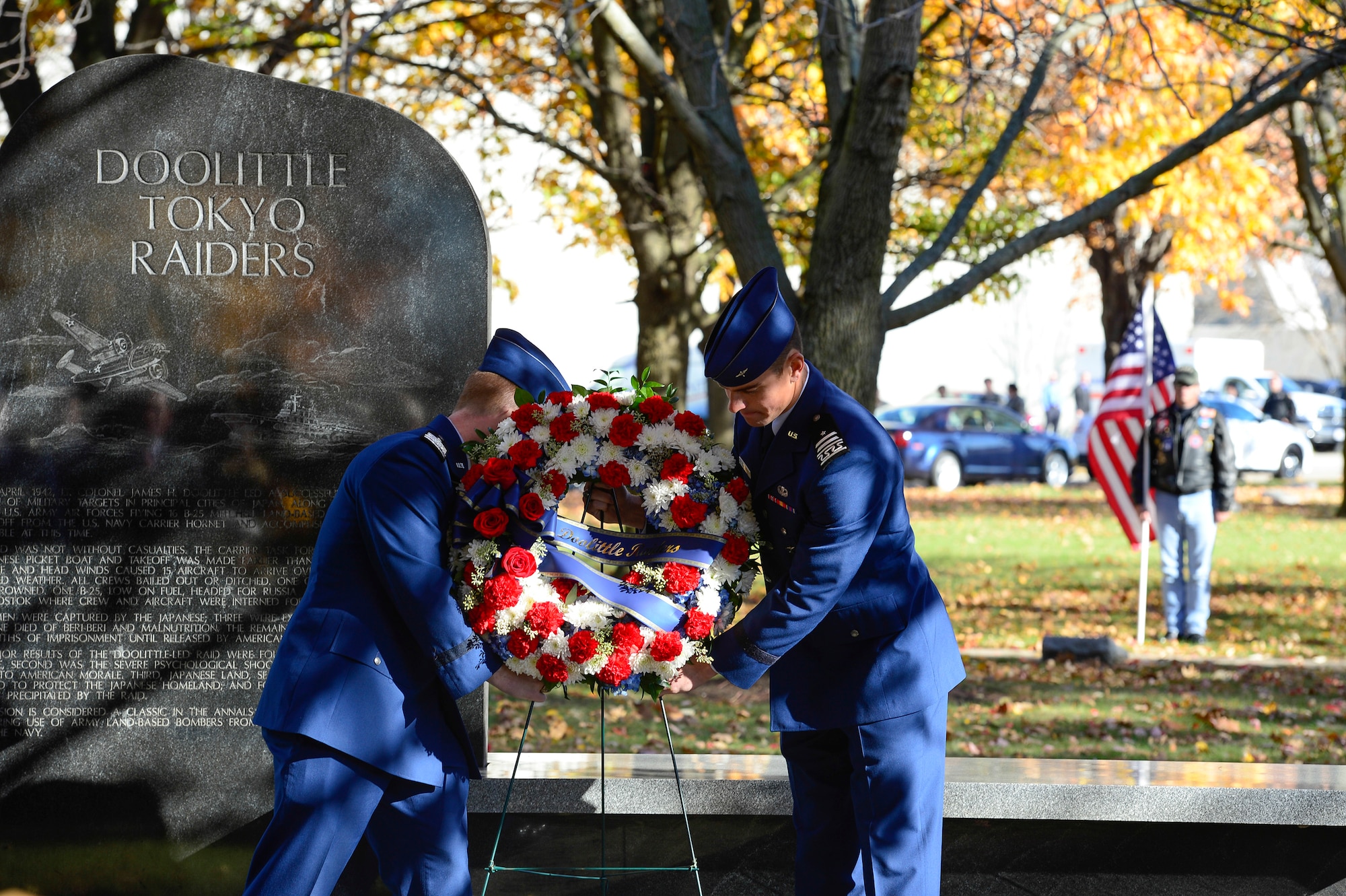 Air Force Academy cadets lay a wreath during the Doolittle Tokyo Raiders memorial at the National Museum of the U.S. Air Force Nov. 09, 2013 in Dayton, Ohio. The remaining Raiders paid tribute to their memorial and commemorated their historic mission and fallen wingmen during their final toast ceremony. (U.S. Air Force photo/Desiree N. Palacios)