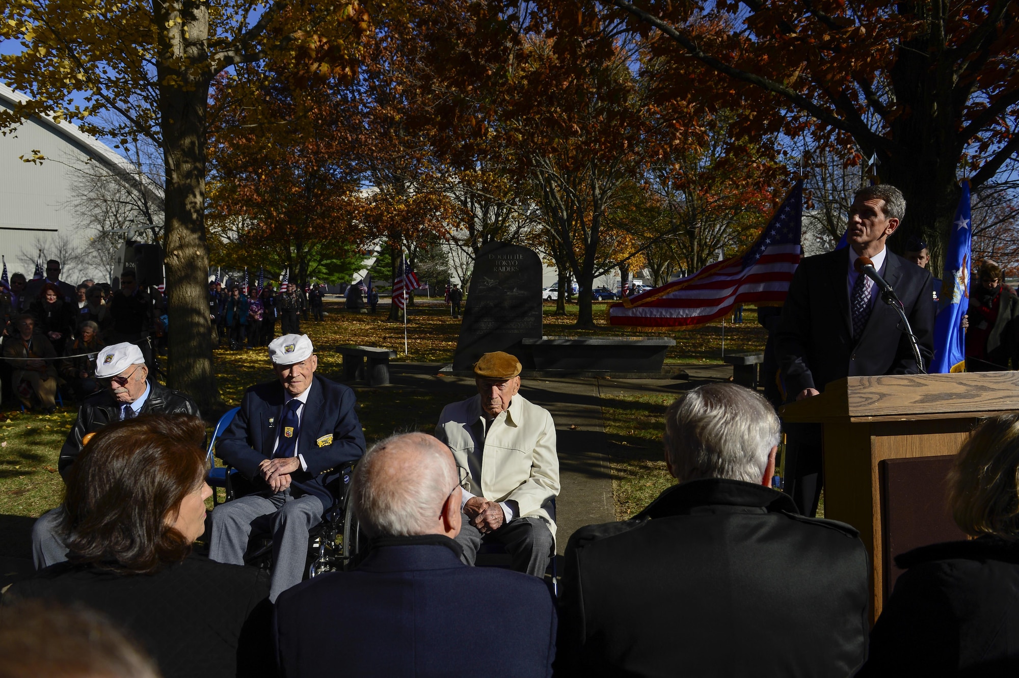 The Doolittle Tokyo Raiders paid tribute to their memorial at the National Museum of the U.S. Air Force Nov. 09, 2013 in Dayton, Ohio. The remaining raiders shared in their final toast, commemorating their historic mission and fallen wingmen. (U.S. Air Force photo/Desiree N. Palacios)