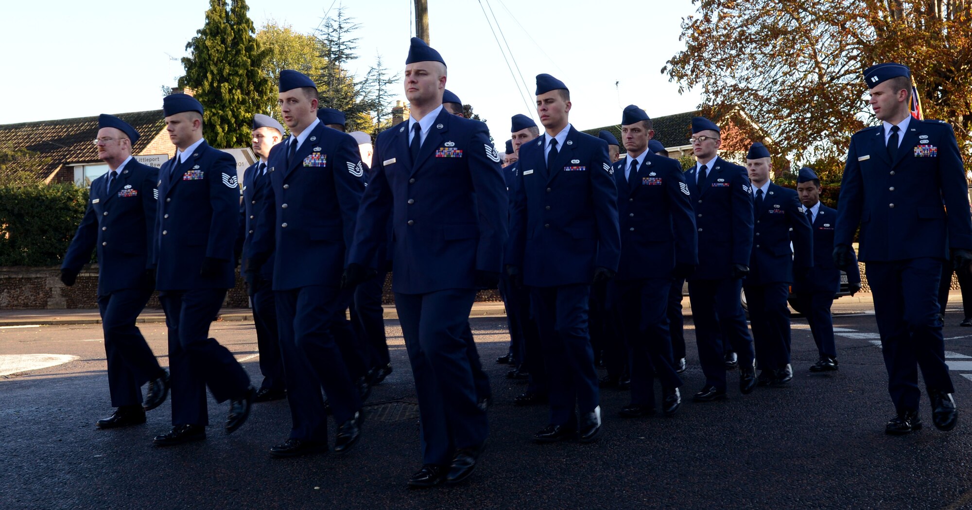 Participants march during a Remembrance Day parade Nov. 10, 2013, in Mildenhall in Suffolk, England. The parade consisted of participants from the Royal Air Force, U.S. Air Force Airmen from RAF Mildenhall, civic leaders, military cadets and others. The annual ceremony is held in honor of those who have dedicated their lives in service to their country and made the ultimate sacrifice. (U.S. Air Force photo by Airman 1st Class Jonathan Light/Released)