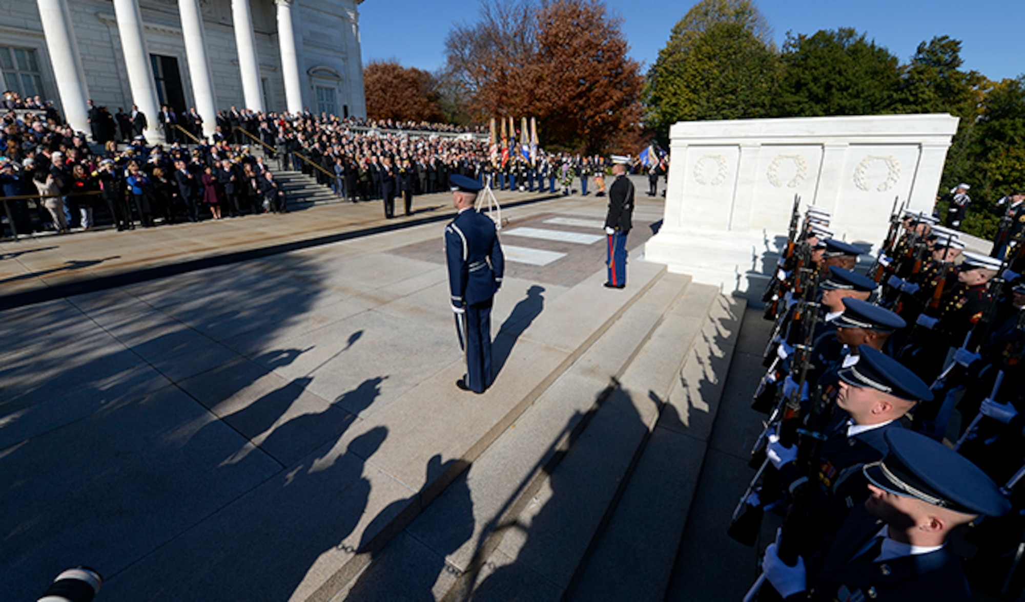 Honor Guards from all services stand before their Commander in Chief President Barack Obama for a wreath laying ceremony at the Tomb of the Unknown Soldier Nov. 11, 2013 at Arlington National Cemetery in Arlington, Va. (Department of Defense photo/EJ Hersom)