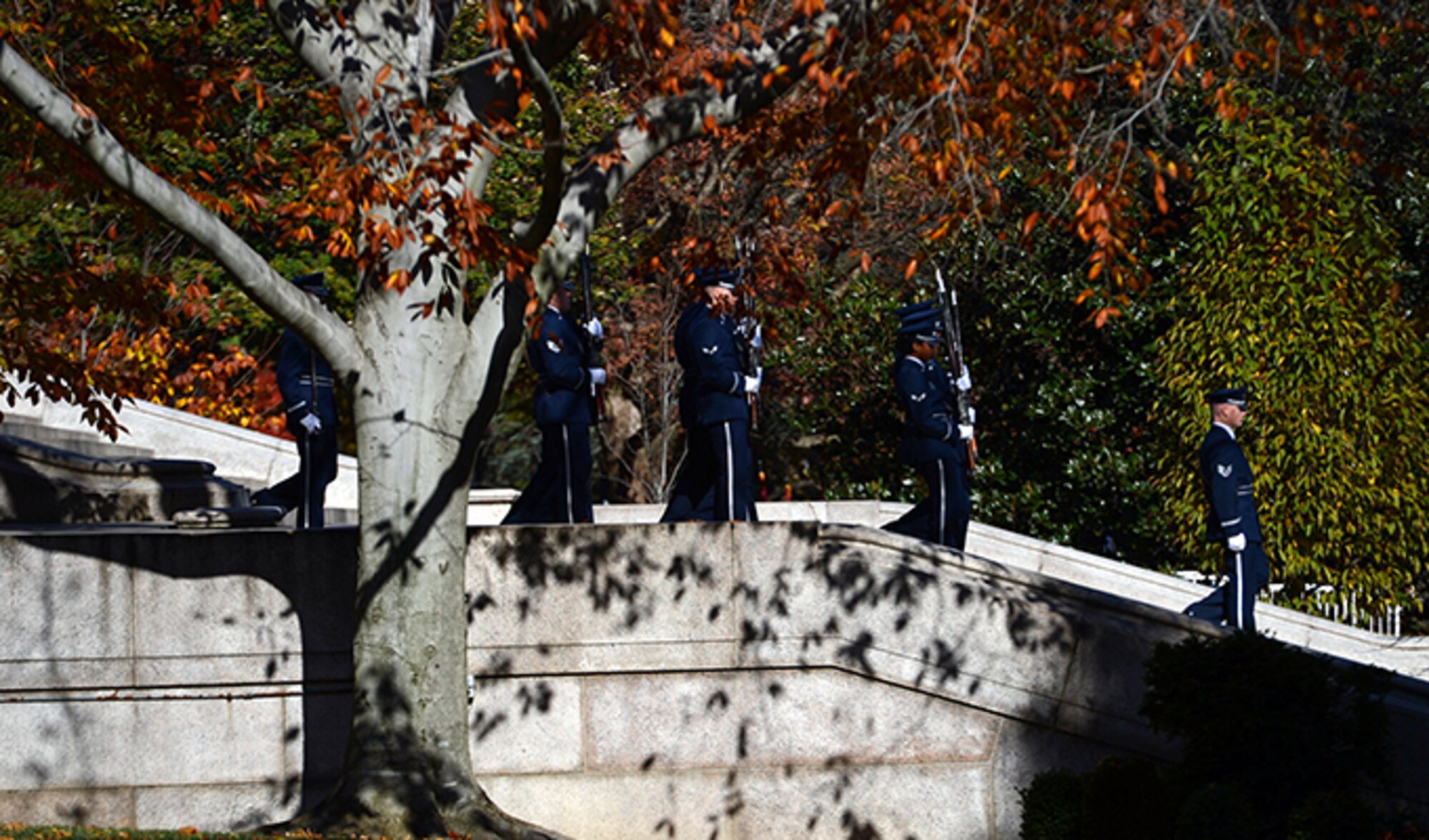 U.S. Air Force Honor Guard members march in formation during a wreath laying ceremony at the Tomb of the Unknown Soldier, Nov. 11, 2013 at Arlington National Cemetery, Arlington, Va. President Barack Obama joined service members and veterans of all four branches in commemorating the sacrifices of military members past and present during this year's Veterans Day. (Department of Defense photo/EJ Hersom)