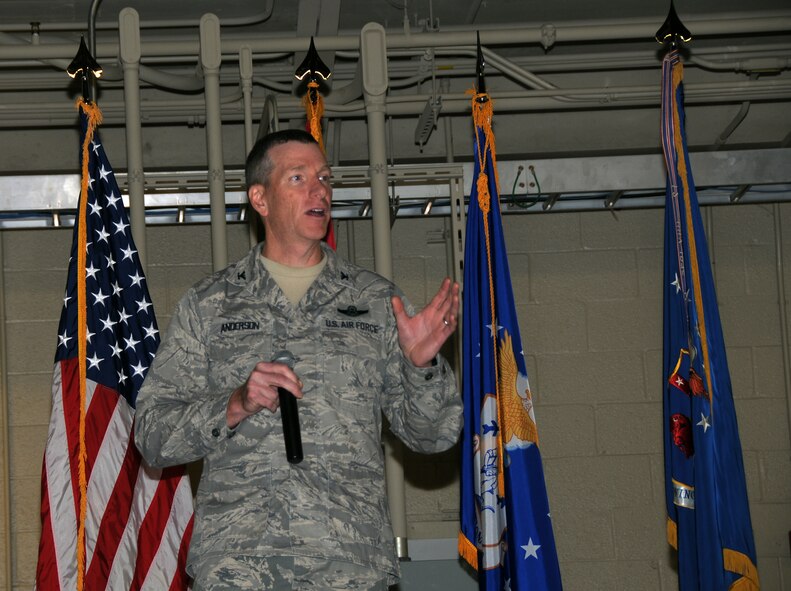 Col. Mark W. Anderson, 188th Fighter Wing commander, gives a new mission briefing at the wing’s 60th anniversary celebration Nov. 2, 2013. The 188th hosted a 60th anniversary jubilee in its main hangar to celebrate 60 years of excellence. The 188th marked 60 years as an Air National Guard unit Oct. 15. The unit began as the 184th Tactical Reconnaissance Squadron in 1953. Current and former unit members as well as Congressional, city and civic leaders attended the event. (U.S. Air National Guard photo by Senior Airman John Hillier/188th Fighter Wing Public Affairs)