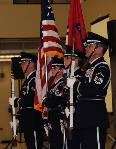 Members of the 188th Fighter Wing Honor Guard advance the colors during the 188th’s 60th anniversary jubilee Nov. 2, 2013, held at the unit’s Ebbing Air National Guard Base, Fort Smith, Ark. The 188th hosted the event in its main hangar to celebrate 60 years of excellence. The 188th marked 60 years as an Air National Guard unit Oct. 15. The unit began as the 184th Tactical Reconnaissance Squadron in 1953. More than 1,000 people attended the event. (U.S. Air National Guard photo by Senior Airman John Hillier/188th Fighter Wing Public Affairs)