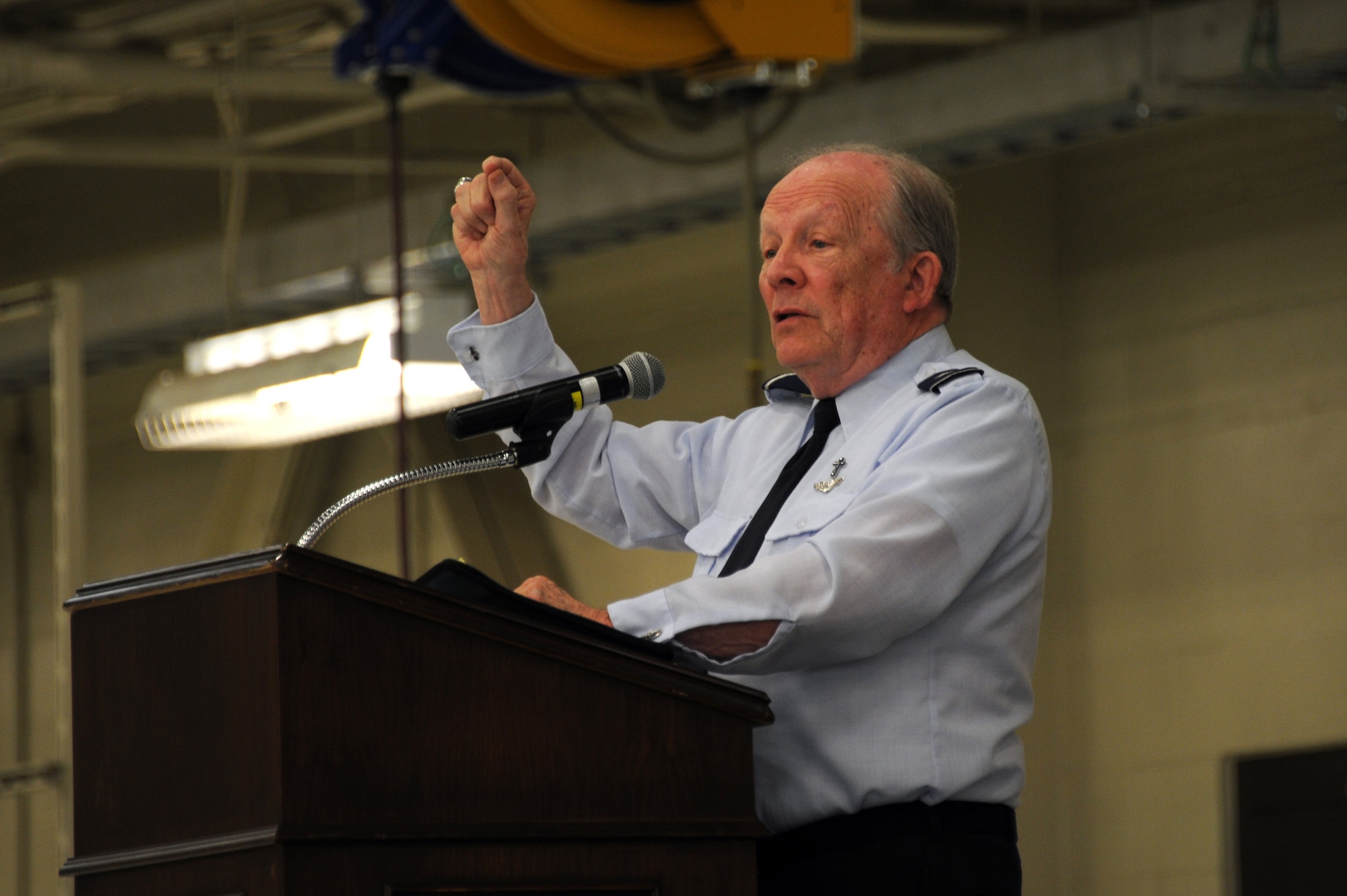 Chaplain Brig. Gen. (ret.) H.D. McCarty delivers a speech at the 188th Fighter Wing’s 60th anniversary jubilee Nov. 2, 2013. McCarty was the keynote speaker at the event, which was held at the unit’s Ebbing Air National Guard Base, Fort Smith, Ark. McCarty was the chaplain at the 188th from 1976-1984. The 188th hosted the event in its main hangar to celebrate 60 years of excellence. The 188th marked 60 years as an Air National Guard unit Oct. 15. The unit began as the 184th Tactical Reconnaissance Squadron in 1953. (U.S. Air National Guard photo by Airman 1st Class Cody Martin/188th Fighter Wing Public Affairs)