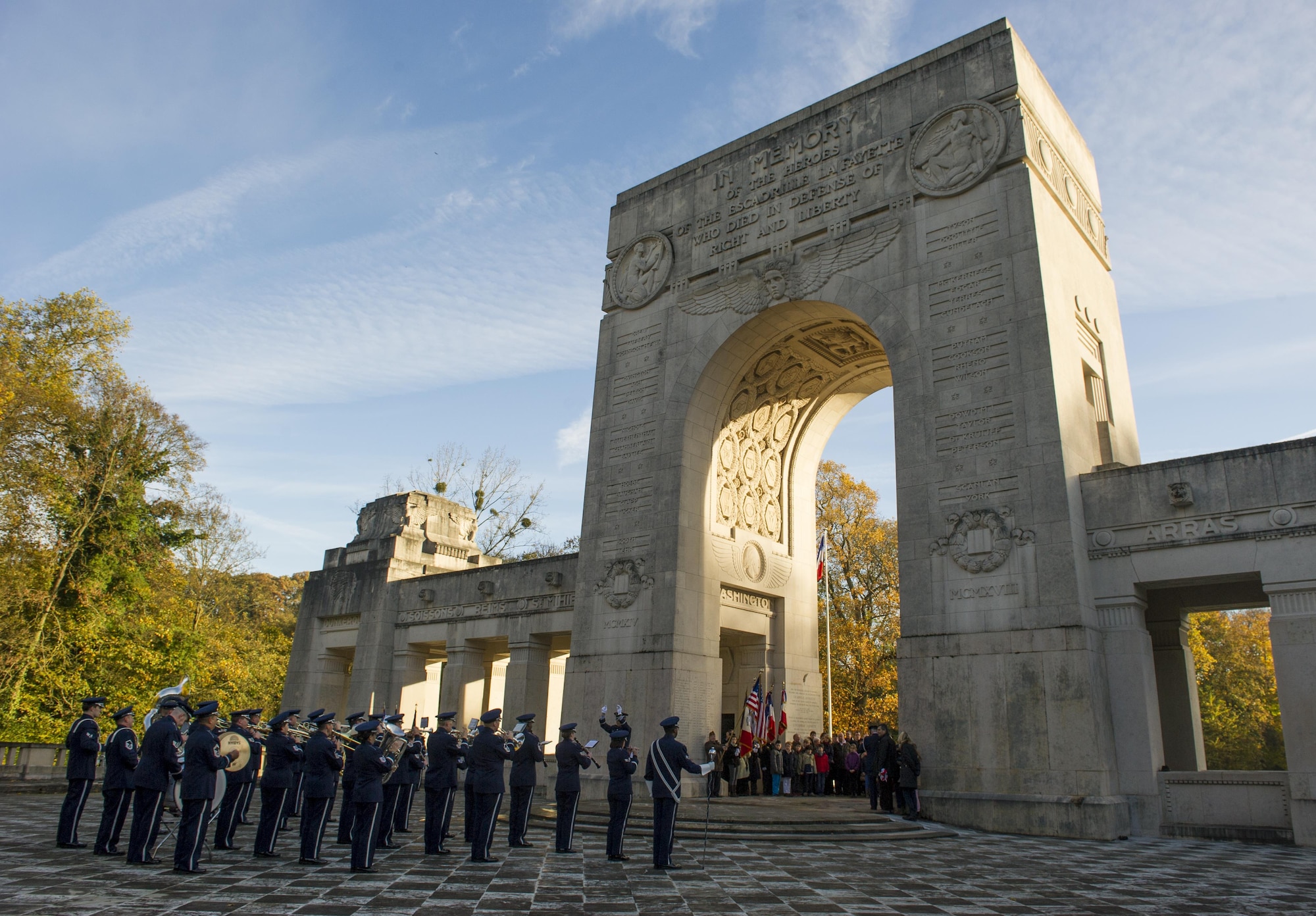 The U.S. Air Forces in Europe Band plays during a Veteran’s Day Ceremony at the Lafayette Escadrille memorial in Marnes-la-Coquette, France Nov. 11, 2013. Lafayette Escadrille was a French Air Service squadron during World War I comprised largely of volunteer American fighter pilots. 