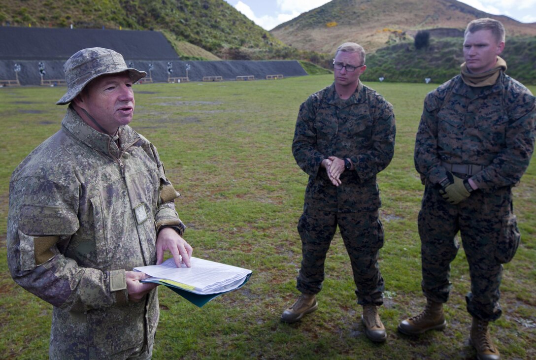 Warrant Officer 1 Percy McLaughlin, warrant officer for Headquarters Deployable Joint Inter-Agency Task Force, New Zealand Defence Force, gives a safety brief to members of a personal protection team prior to a familiarization shooting range with the Individual Weapon (IW) Steyr assault rifle during the initial stages of exercise Southern Katipo 2013 at Waiouru Military Camp, New Zealand, Nov. 7. SK13 increases the ability of all participants to coordinate in complex situations.   