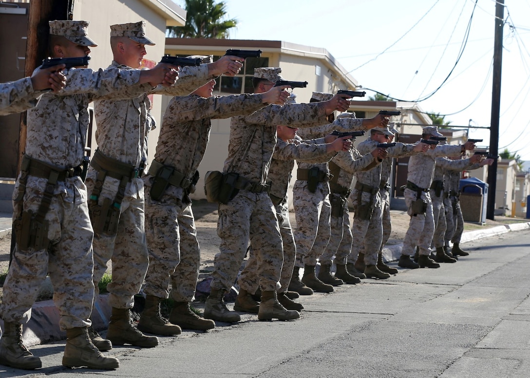 MARINE CORPS BASE CAMP PENDLETON, Calif., -- Marines with 1st Marine Division stand on line and practice shooting techniques during a combat marksmanship coach course here, Oct. 30, 2013. Graduates of the four-week course gain the military occupational specialty of combat marksmanship coach. The course was recently modified to add the combat pistol program. The CPP is designed to be more combat-oriented than previous programs. The new silhouette targets allow shooters to identify facial features, body structure and if the target is holding a weapon or posing a potential threat.