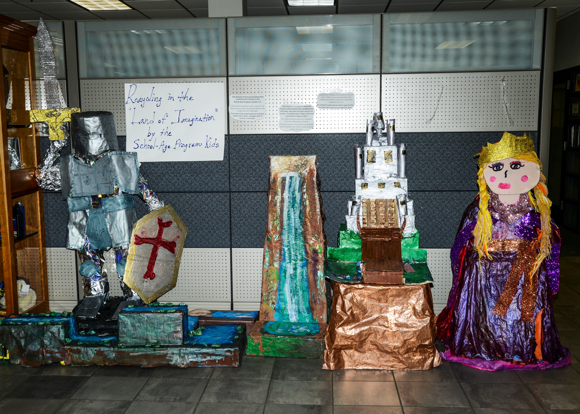 The Edwards School Age Program art project displayed in Bldg. 3000 depicts a medieval scene complete with a knight, princess, castle, moat and dragon. The project took four months to create. (U.S. Photo by Rebecca Amber)