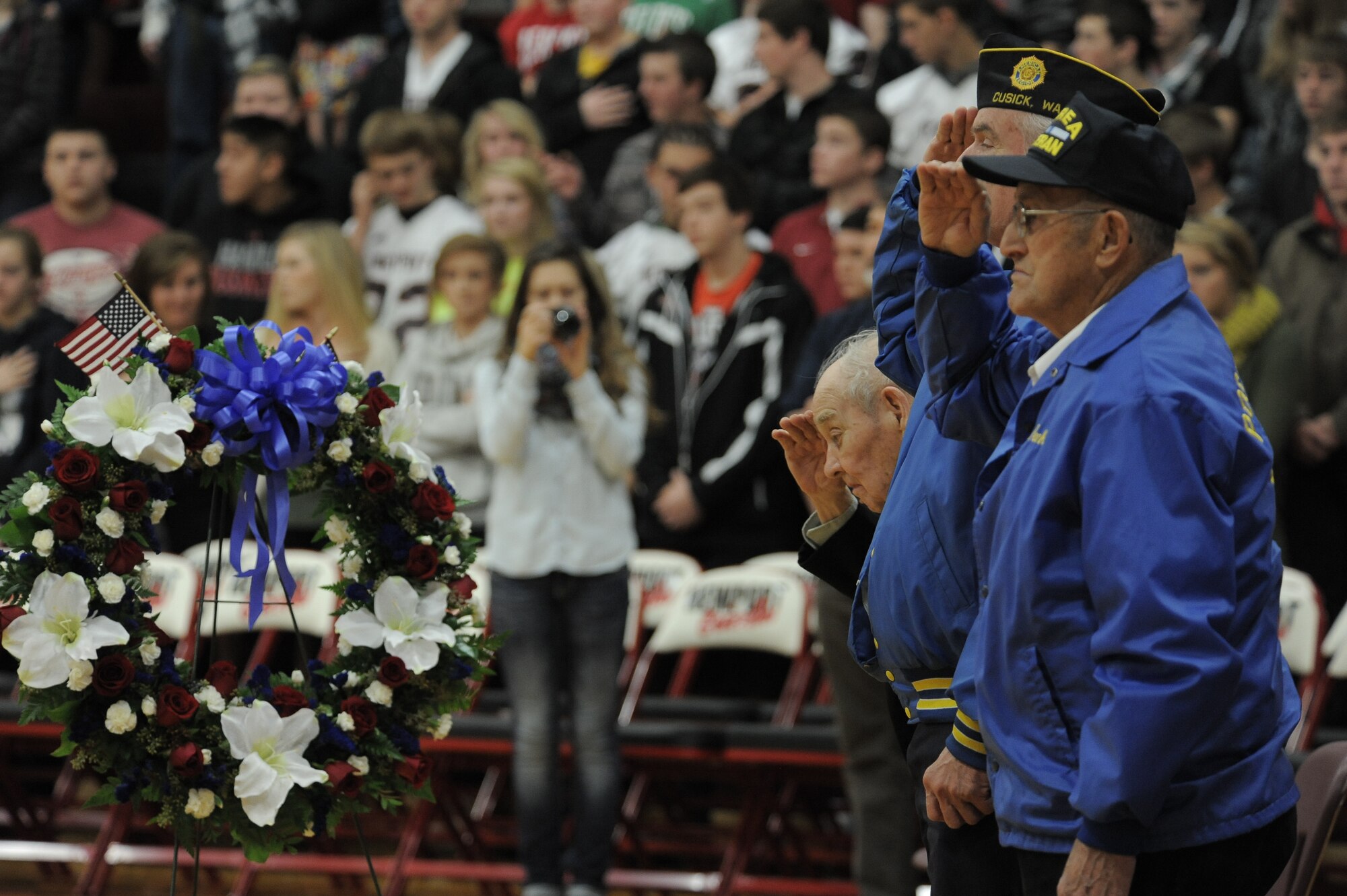 Local veterans including, French Legion of Honor medal honoree (ret.)
U.S. Air Force Maj. Clarence Grimmes attended a Veterans Day ceremony was
held at the Newport High School gymnasium with local veteran attendees Nov.
8. Veterans Day ceremonies were held all throughout the state of Washington
by local communities to show their appreciation to retired, missing, active
and reserve military veterans. (U.S Air Force photo by Staff Sgt. Alexandre
Montes/RELEASED)
