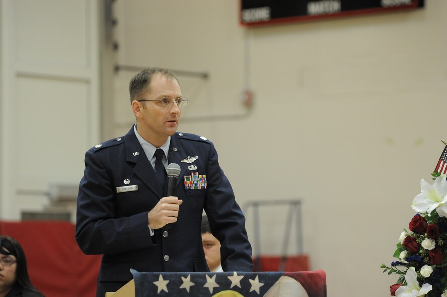 Lt. Colonel Jeromie Sheldon, 92 Air Refueling Squadron commander, speaks about several heroic acts by Fairchild airmen and their ultimate sacrifices during a Veterans Day ceremony held at Newport High School, Wash. Nov. 8. Veterans Day ceremonies were held all throughout the state of Washington by local communities to show their appreciation to retired, missing, active and reserve military veterans. (U.S Air Force photo by Staff Sgt. Alexandre Montes/RELEASED) 

