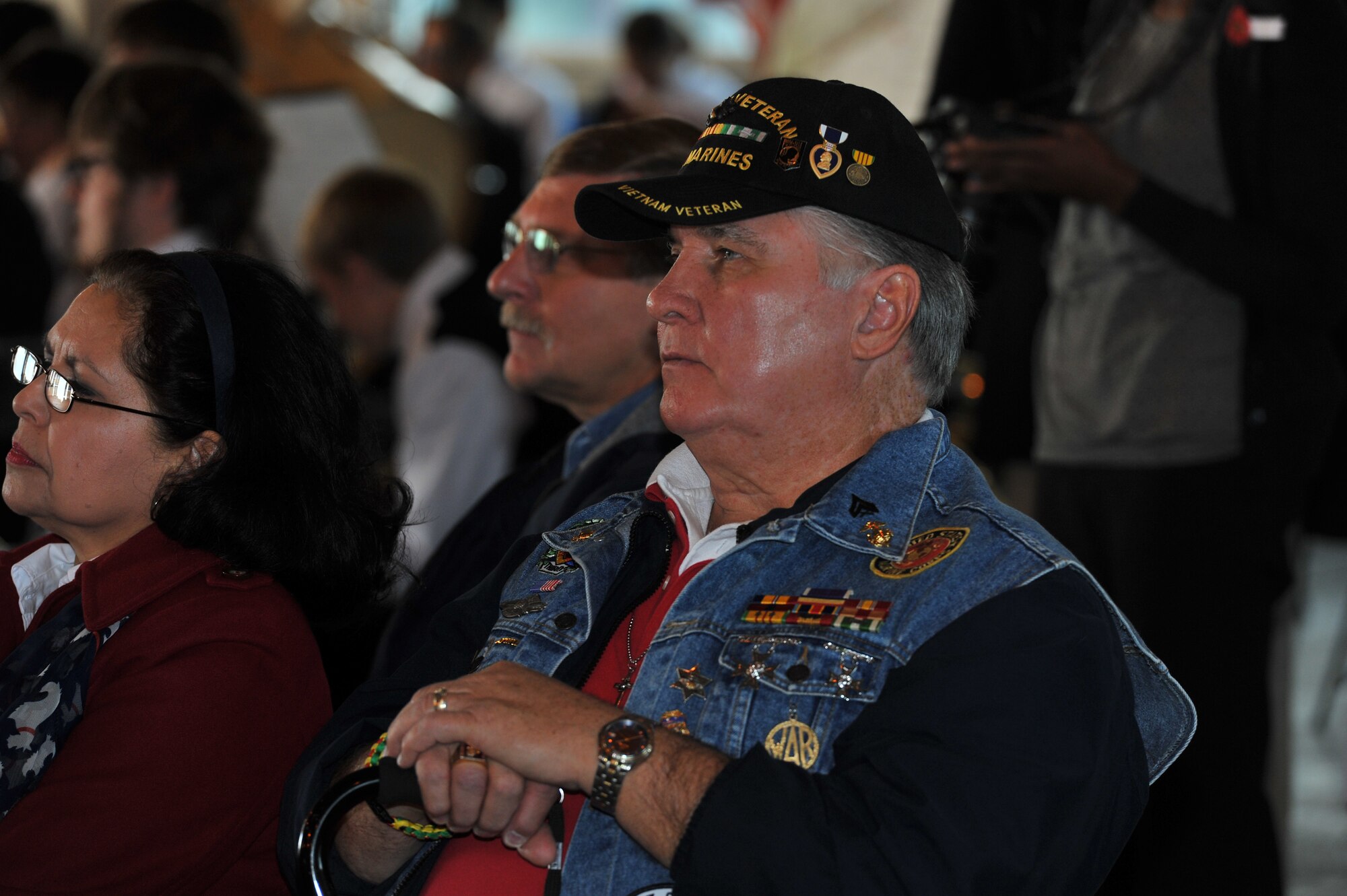 A local veteran watches the Veterans Day ceremony Nov. 11, 2013, at Felts Field in Spokane, Wash. During the ceremony, men and women received recognition for their service and sacrifice. (U.S. Air Force photo by Staff Sgt. Veronica Montes/Released)