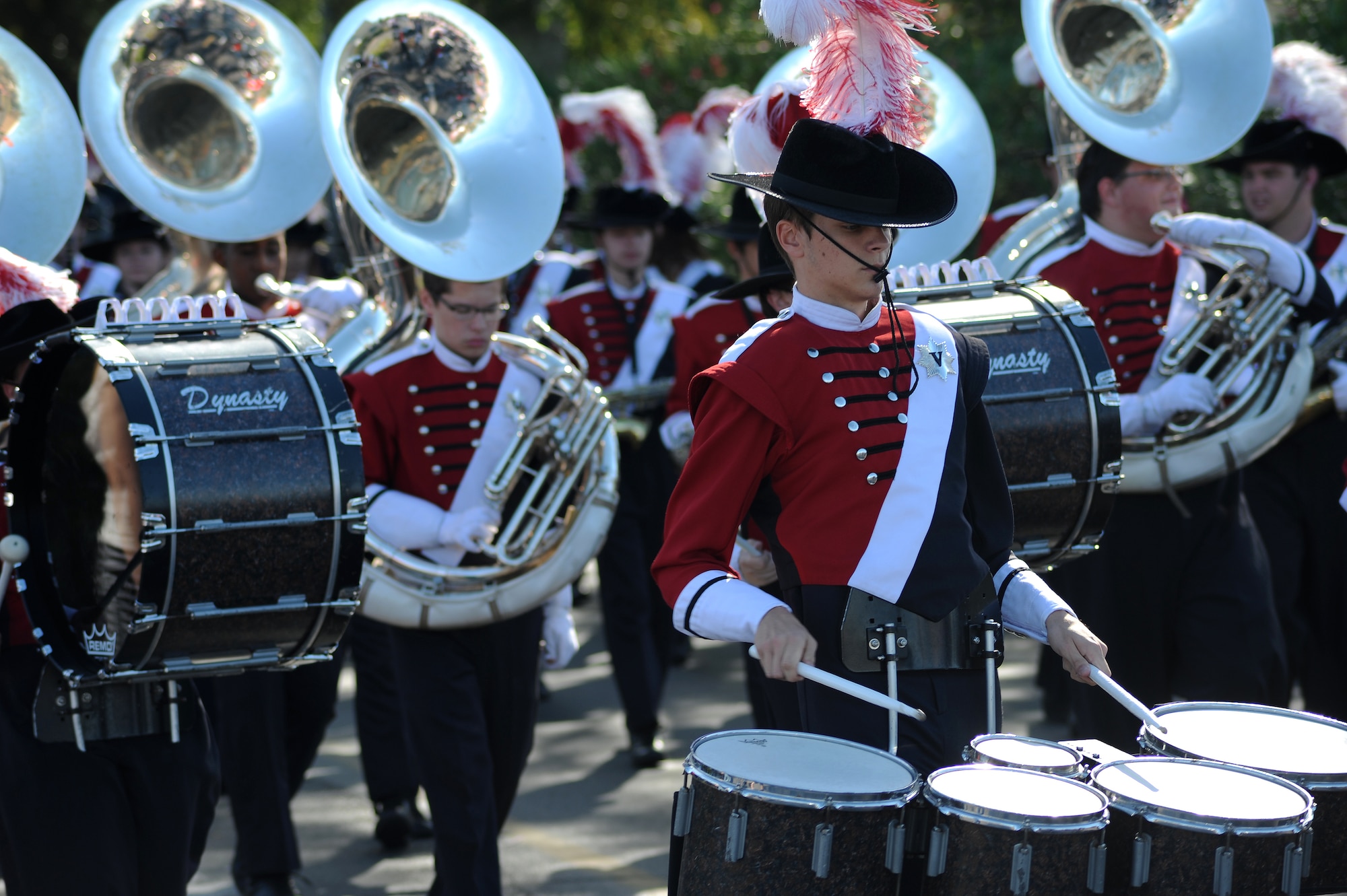 The Fort Walton Beach High School Vikings Band plays various musicals during Veteran’s Day parade in Mary Ester, Fla., Nov. 11, 2013.  The band dressed in their vibrant uniforms and marched the parade to showcase their talent.  (U.S. Air Force photo/Senior Airman Kentavist Brackin)  