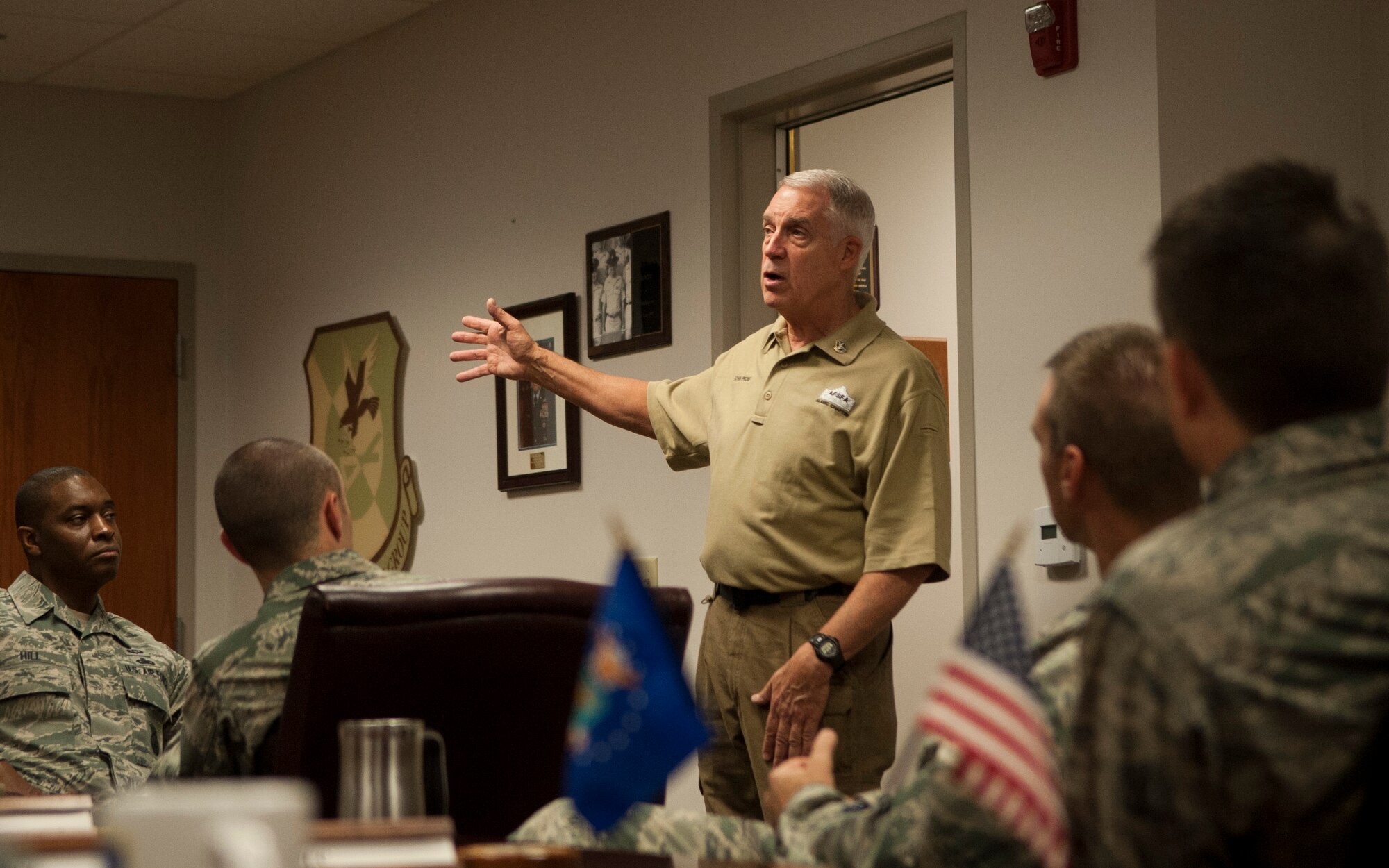 Young blood
Retired U.S. Air Force Col. John Probst, Security Forces Association executive director, speaks with 820th Base Defense Group and 23d Security Forces Squadron leadership during a visit to Moody Air Force Base, Ga., Nov. 7, 2013. Probst emphasized the need to motivate newer Airmen to join the association. (U.S. Air Force photo by Airman 1st Class Sandra Marrero/Released)
