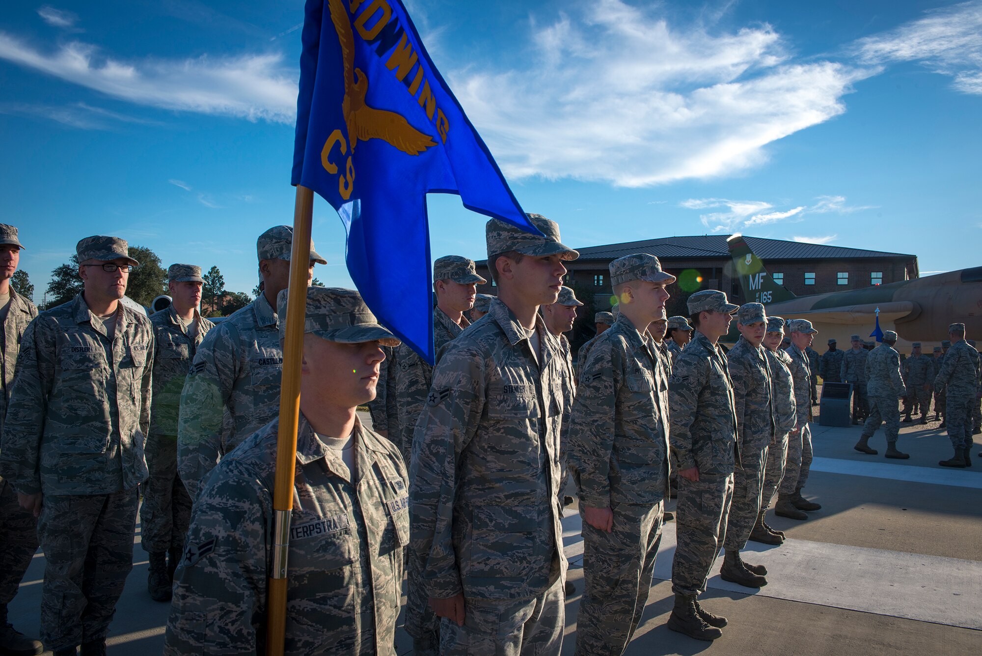 U.S. Air Force Airmen from the 23d Communications Squadron prepare for a flag-folding ceremony at Moody Air Force Base, Ga., Nov. 8, 2013. Airmen from the 23d Mission Support Group participated to show their support for veterans. (U.S. Air Force photo by Airman 1st Class Ryan Callaghan/Released)
